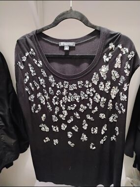 INC International Concepts Black Short Sleeve Sequin Scoop Neck Top